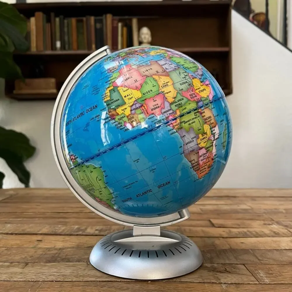 Light Up World Globe 9 in Silver Plastic Base Battery Operated